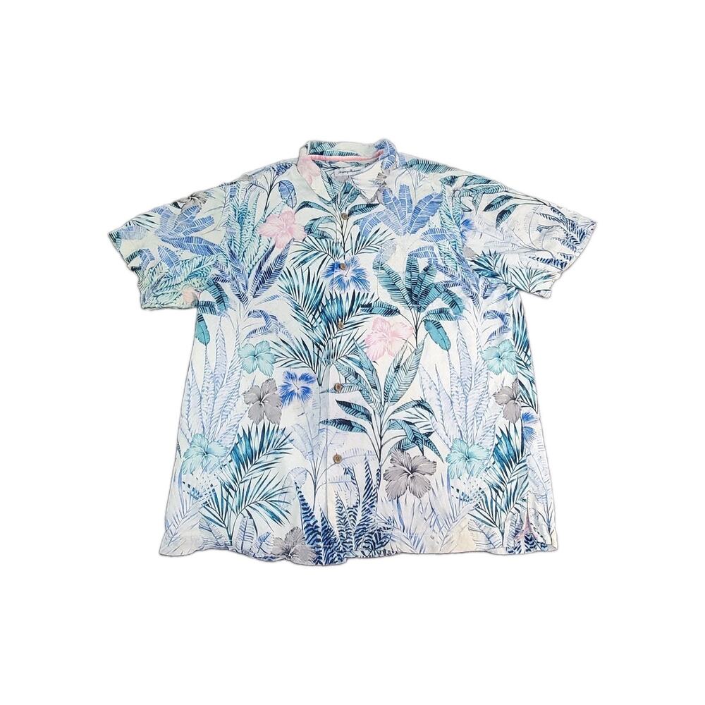 Tommy Bahama Sz L Original Fit 100% Silk Floral Hawaiian Shirt Men's Blue C26-27